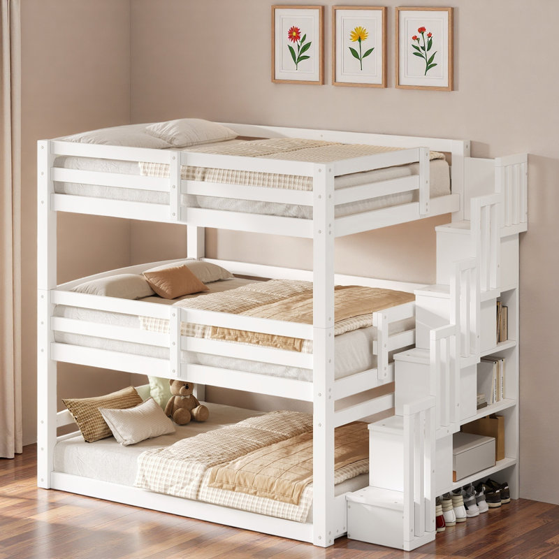 Triple Bunk Bed With Storage Staircase, White