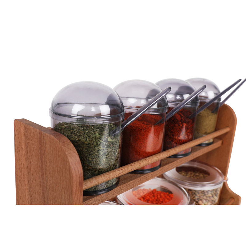Ensemble de pots à épices et tablettes de cuisine (7 pièces) | Bocaux 100% plastique (4 x 9,0 cm, 275 ml et 3 x 10,0 cm, 400 ml) et support 100% bois (13,4 x 4,9 x 7,9 pouces) | Sans BPA, va au lave-vaisselle, mauve élégant et bois pour une cuisine organisée