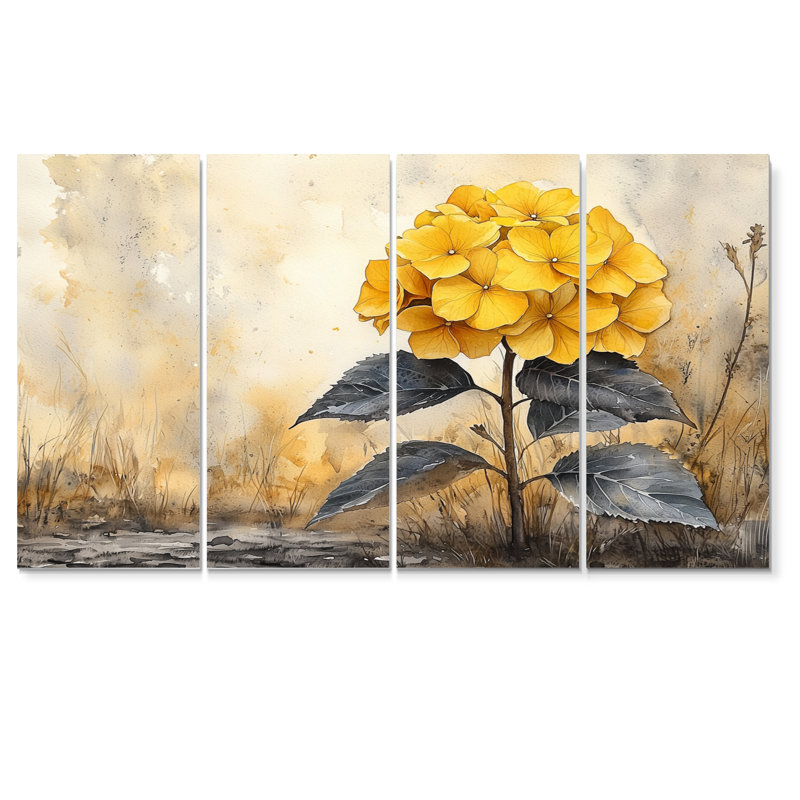 Jaune hydrangée jaune II - hydrangées - Art mural - décoration murale traditionnelle, H 32 po x l 64 po, 4