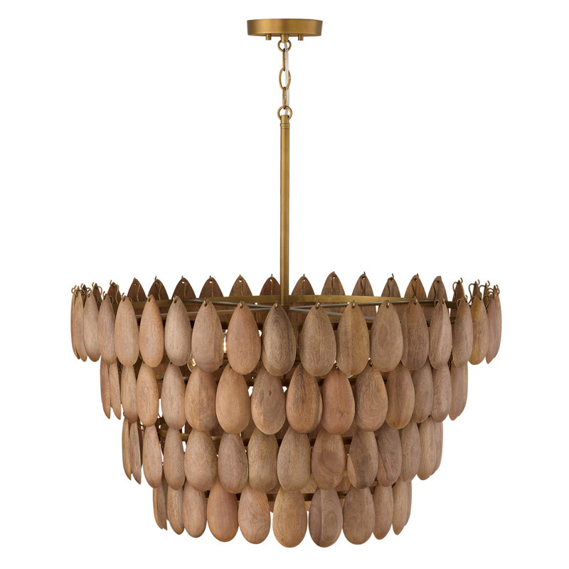 Pendant in Hand-distressed Patinaed Brass and Handcrafted Mango Wood, 17" H x 28.75" W