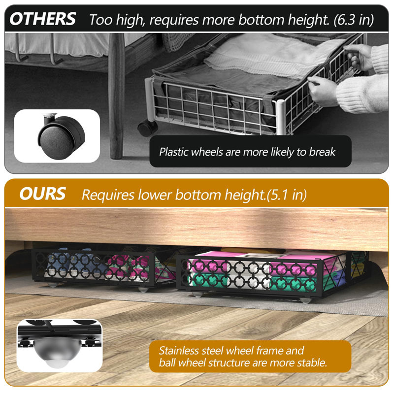 Black Metal Foldable Under Bed Storage Box with Wheels