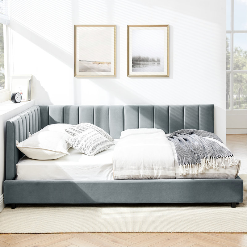 Lit Mid-Century pleine grandeur, en velours gris, rembourré avec un cadre relaxant et élégant pour la maison, rembourrage confortable