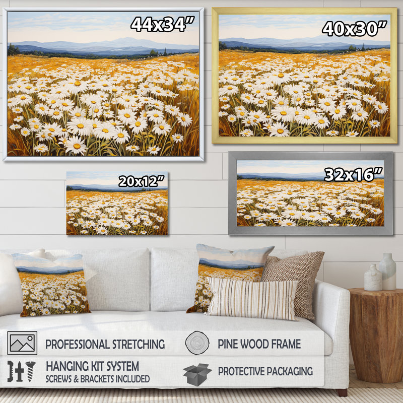 Symphonie de marguerites blanches sur le terrain, L 32 po x H 24 po x P 1 po, Cadre flottant noir