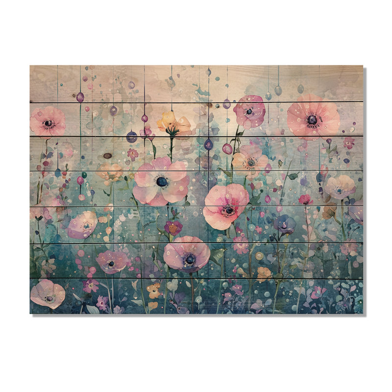 Summer Morning Dew Wildflower Gardens - Fleurs roses imprimées sur bois de pin naturel, H 30 po x l 40 po x P 0,78 po