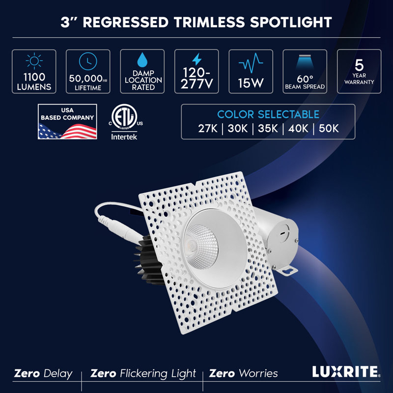 Projecteur encastré à DEL sans cadre 3 pouces LUXRITE, 15W, 1100LM, 5CCT 2700K-5000K, 60 °, à intensité variable, IRC 90, homologué IC, projecteur en plâtre, ETL, blanc, paquet de 4