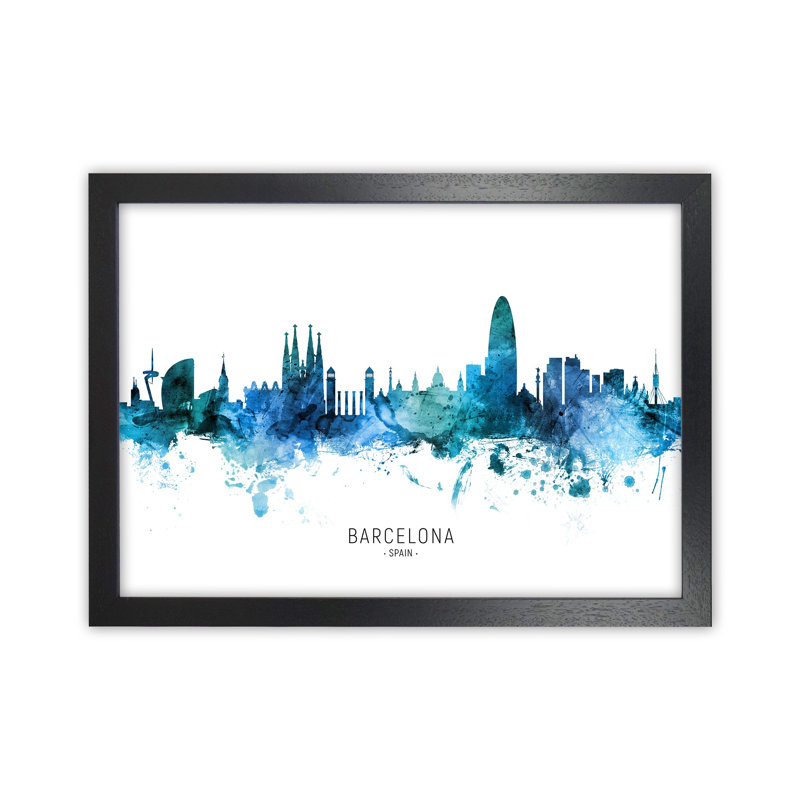 Barcelona Spain Skyline Blue City Name by Michael Tompsett - Print, 46cm H x 63cm W x 3cm D, Black Framed