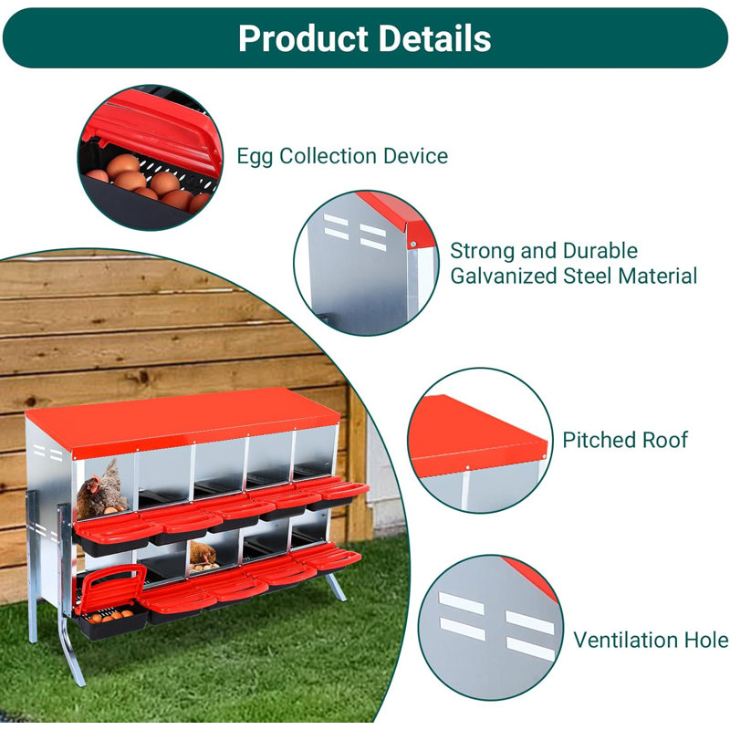 Nesting Boxes For Chickens, Chicken Nesting Box, Roll Away Nesting Box With Leg, Chicken Laying Boxes, Nesting Box For Hens With Lid Cover For Chicken Coop, 10 Compartments