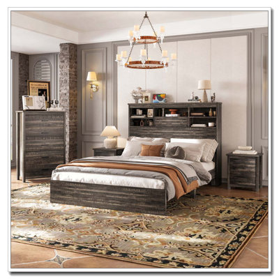 4PCS Bedroom Sets, Wooden Queen Size Bed Frame with Storage Headboard and Charging Station, 2 Nightstands with 2 Drawers, 1 Dresser with 5 Drawers, Antique Gray