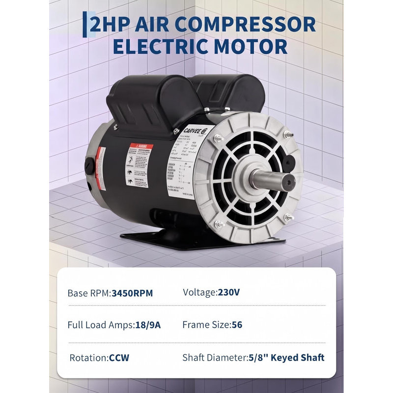 2HP SPL Air Compressor Motor, 3450 RPM, 56 Frame, 5/8" Keyed Shaft, Reversible Rotation