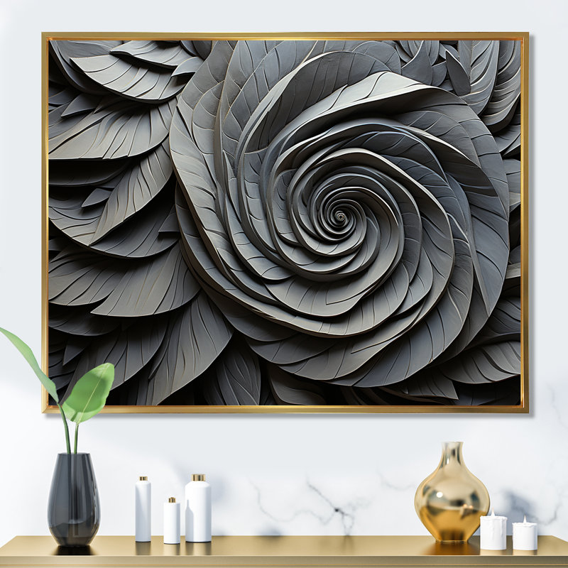 «Grey Spiraling Abstrract Flowers», art mural abstrait en spirale, H 16 po x l 32 po x P 1 po, Cadre flottant doré