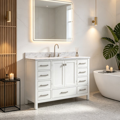 48 In. W X 4 In. H White Engineered Stone Backsplash For Bathroom Vanity Top