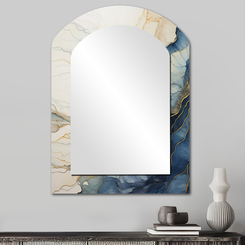 Beige minimalisme Calm River Forest II - miroir asymétrique beige, miroir mural décoratif traditionnel de forme libre, impression d'art en métal