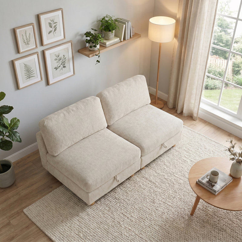 Canapé convertible 2 places avec rangement, Beige Fabric