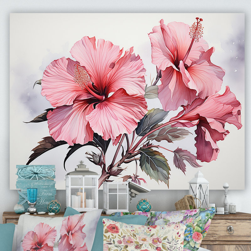 Hibiscus rose, Toile tendue, H 16 po x l 32 po x P 1 po