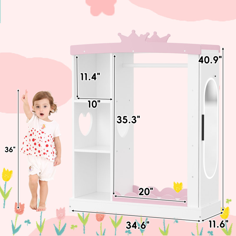 Kids Armoire with Jewelry Cabinet, Dress up Storage with Mirror and Shelves, White/Pink