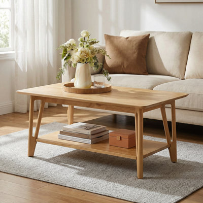 Table basse moderne en bois d'hévéa massif de 39,4 pouces de style Mid-Century, pieds en épingle à cheveux à double couche, style scandinave campagnard