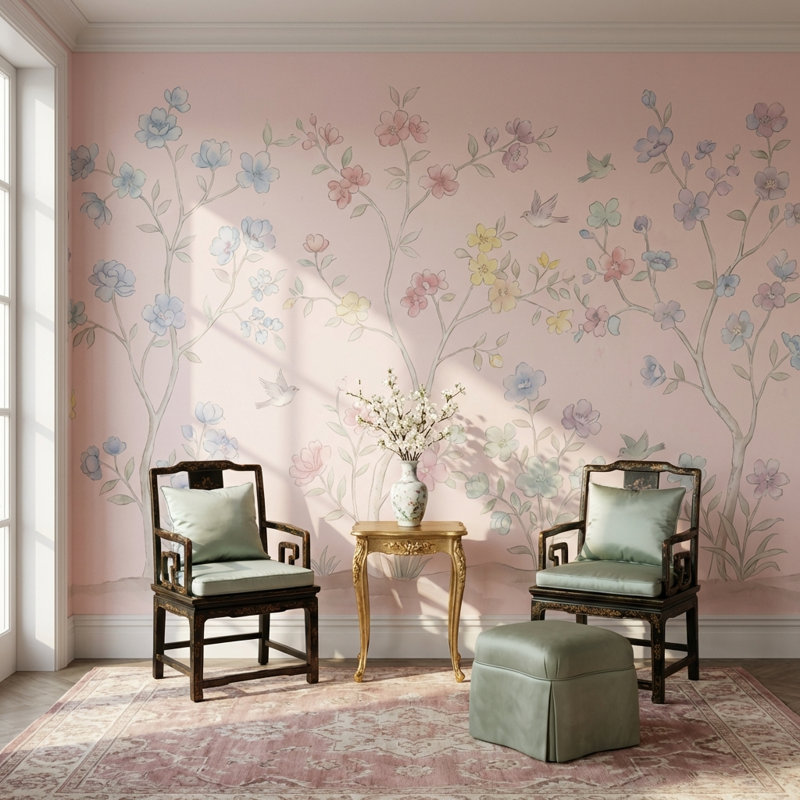 Papier peint floral pastel oiseaux de jardin, 100 po x 96 po, Non-Woven Nonpasted