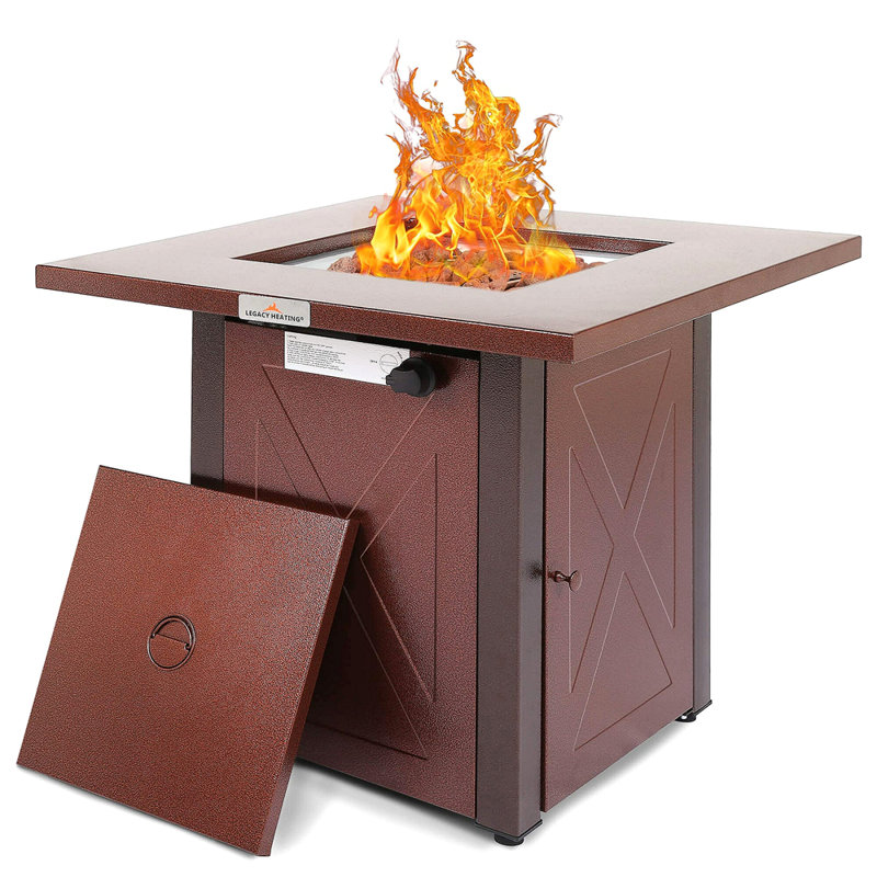 28" 50000 BTU Outdoor Propane Gas Fire Pits Table, Square Brown Texture Outdside Patio Firepits Fireplace Dinning Coffee Tables With Lid & Lava Rock, ETL-Certified, Fit For Courtyard, Patio, Balcony
