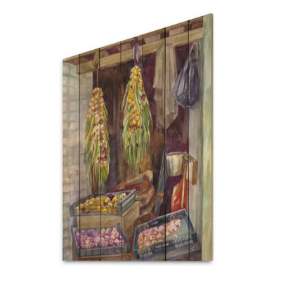 Faisceaux d'oignons dans un décor rétro - impression d'art mural en bois de ferme