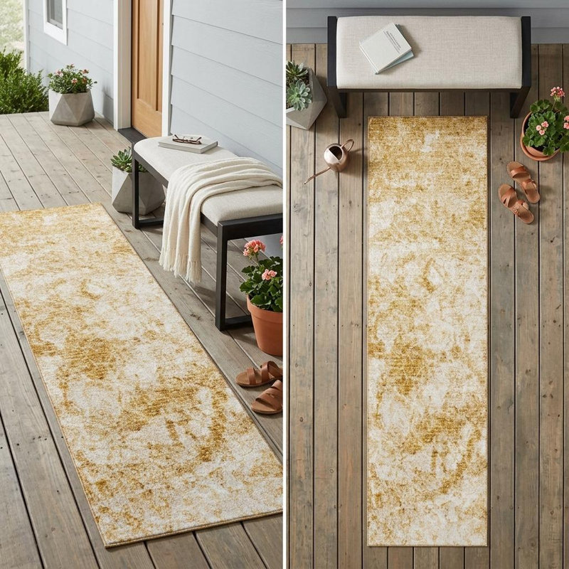 8' Runner Cream and Gold Abstract Washable Non Skid Indoor Outdoor Runner Rug