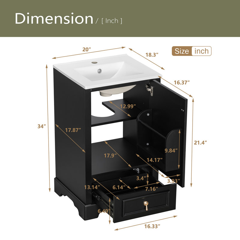 Meuble-lavabo de 20 po avec lavabo en céramique, porte à fermeture en douceur, tablette ajustable en forme de U, Noir