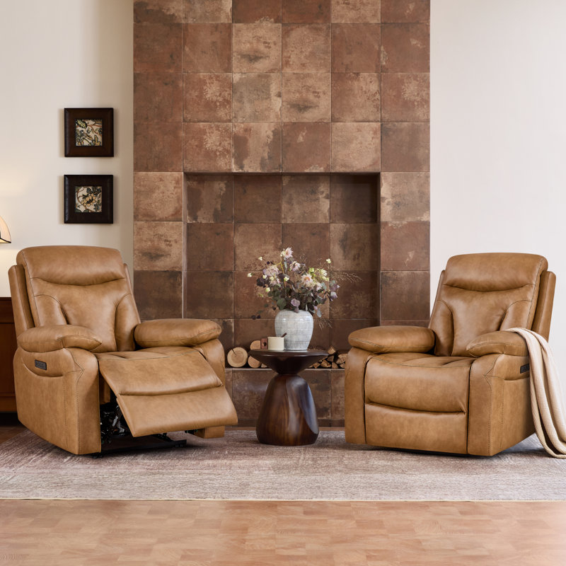35.8" W  Vegan Leather zero clearence recliner Dual Motor Power Recliner With Power Headrest, Saddle