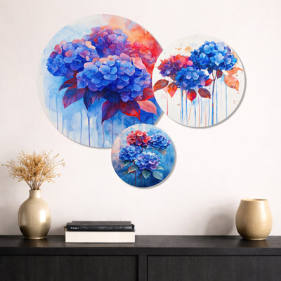 Hortensia bleu et rouge dans un style hortensia de style graffiti I - ensemble d'art mural floral en métal 3 pièces