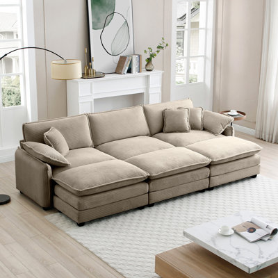 Oversized Modular Cushioned Sofa With 3 Ottomans To Work As Sleeper Sofa Beds, 3-Seater Sofa With 3 Footstools