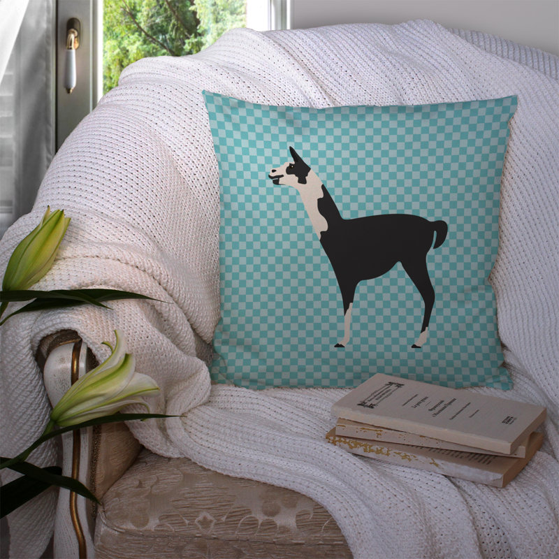 Coussin décoratif extérieur llama check, Bleu, 14 po x 14 po