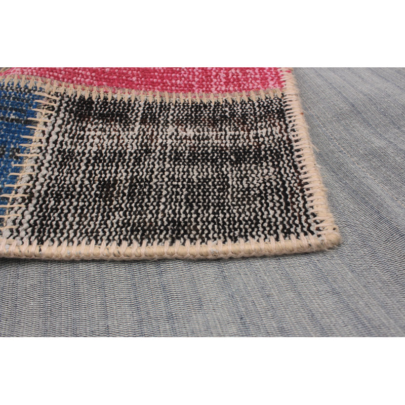 Tapis unique en laine noué à la main style patchwork ivoire / bleu / gris années 2010 5 pi 5 po x 8 pi 2 po Cahyadi