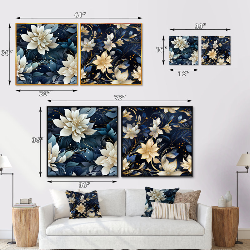 Croy - ensemble de 2 collages carrés floraux, H 16 po x l 33 po, Cadre flottant doré