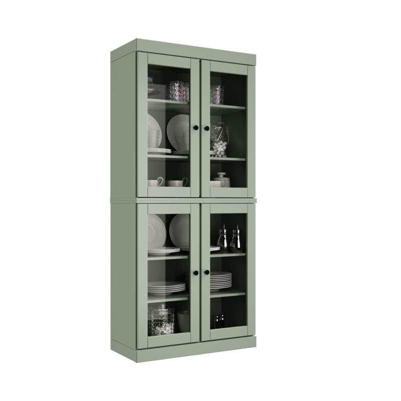 Garde-manger 32 po Kaniesha en bois massif avec portes en verre transparent et tablettes réglables, Sauge