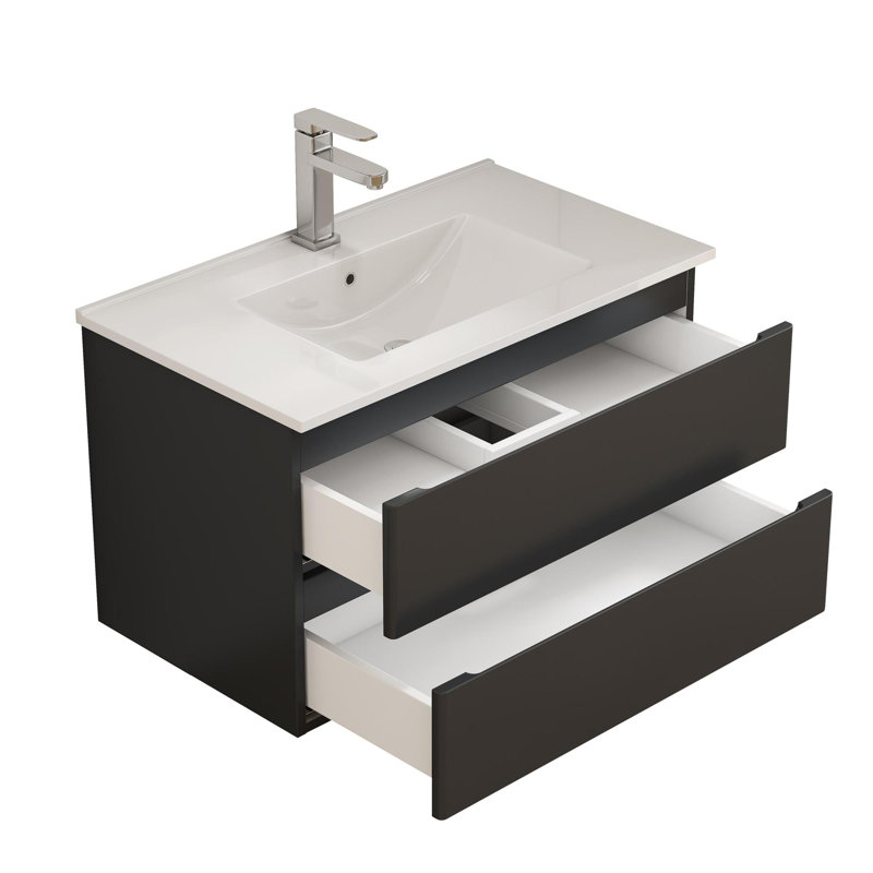 Meuble-lavabo mural intégré en céramique, Brun-noir