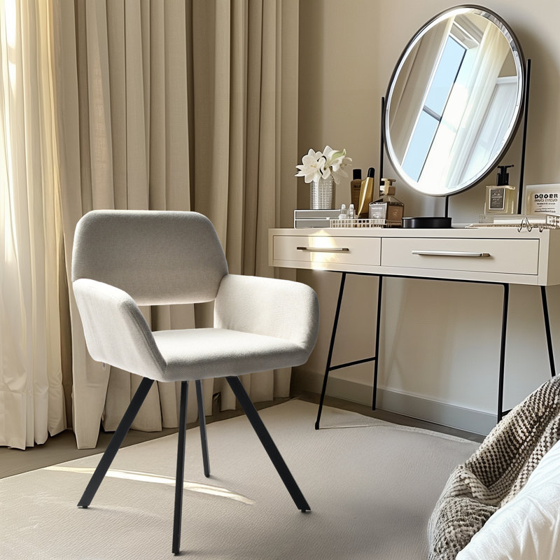 Fauteuil de coiffeuse pivotant rembourré avec pieds en métal noir, Ivoire ivoire