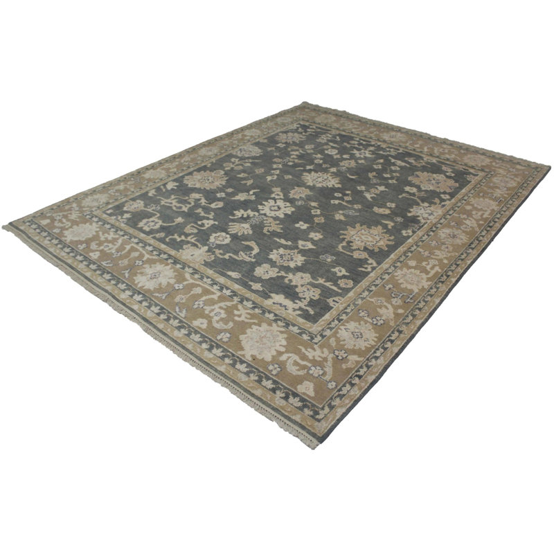 Tapis beige / gris en laine / coton à motif floral fait à la main 8 pi 2 po x 10 pi 4 po