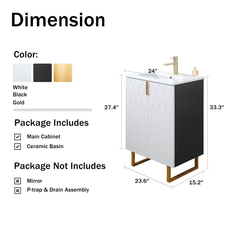 Ensemble de meuble-lavabo simple blanc 24 po, Trou unique, 24"