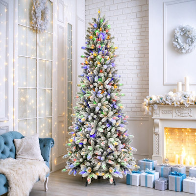 Pre Lit Flocked Slim Artificial Christmas Tree with Multi Color Lights