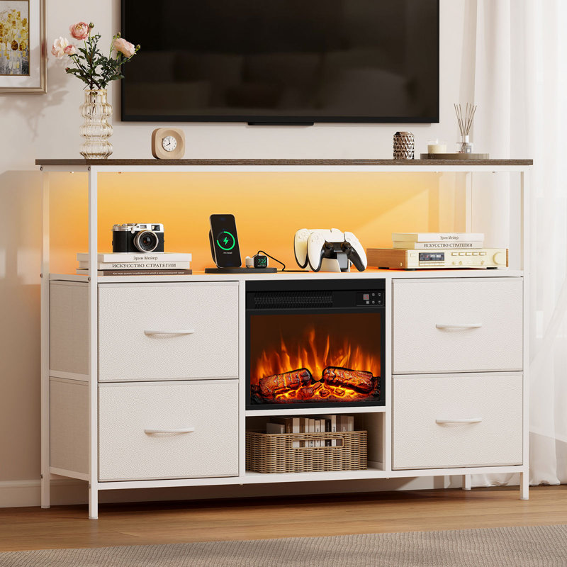 Fireplace TV Stand with 4 Fabric Drawers, Entertainment Center with Fireplace, TV Stand Dresser, TV Console Table for 55 inch TV, for Living Room, Bedroom