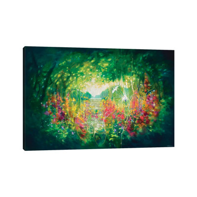 Song Of August, A Green Secret Garden With Lakes, Trees And White Egrets by Gill Bustamante - Painting on Canvas