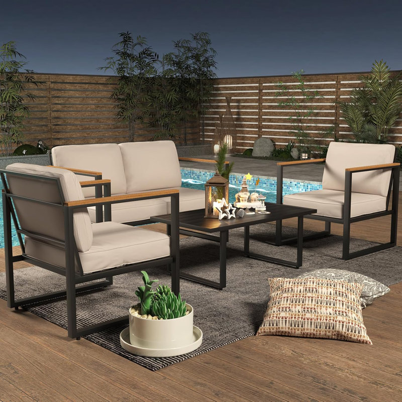 4-Piece Patio Furniture Set with Black Frame and Beige Cushions – Durable Metal Outdoor Conversation Set with Coffee Table for Courtyard, Balcony, and Patio