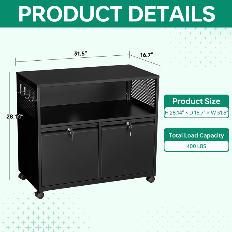 Mobile 2 Drawer File Cabinet with Lock, Black