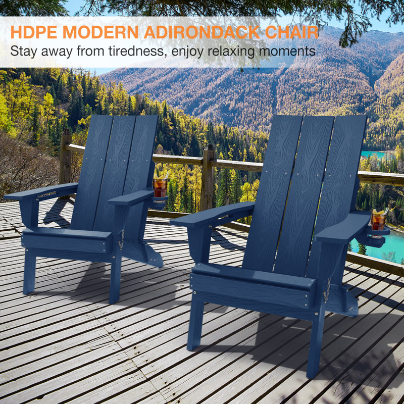All Weather HDPE Folding Outdoor Adirondack Chair with Cup Holders Durable Oversized Fire Pit Chair Easy Assembly Easy Maintenance Patio Lawn Chair with 380Lbs Load Bearing for Porch, Garden, Backyard, Patio, Deck, Fire pit, Dark Blue