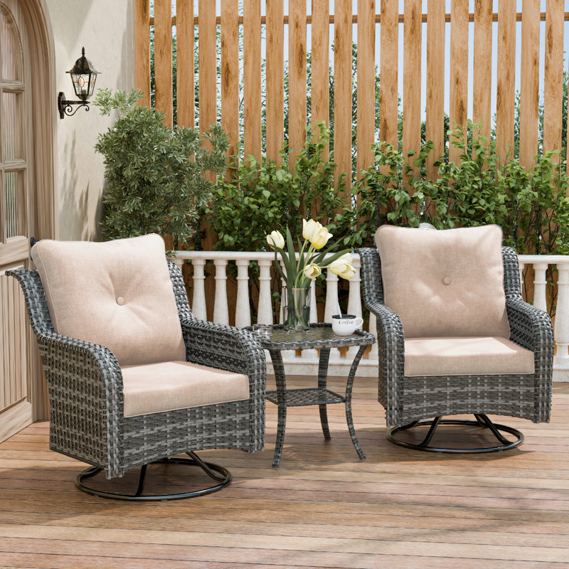 Ensemble de conversation à bascule pivotant en osier pour 2 personnes avec coussins 2 personnes, Gris, Beige