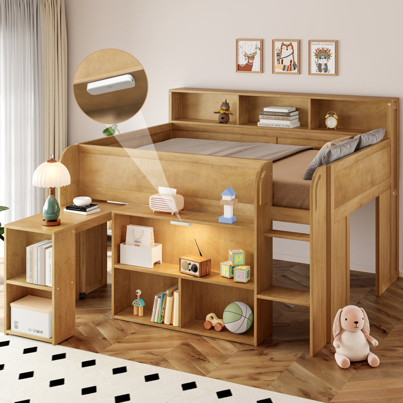 Wood Full Size Loft Bed with Desk, LED Light & 8 Storage Shelves, Solid Wood Frame, No Box Spring Needed, Walnut, Walnut