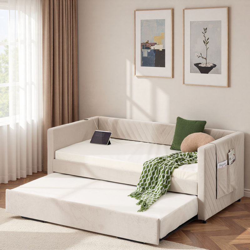 Upholstered Daybed With Trundle, Usb Port And Side Pockets, Beige