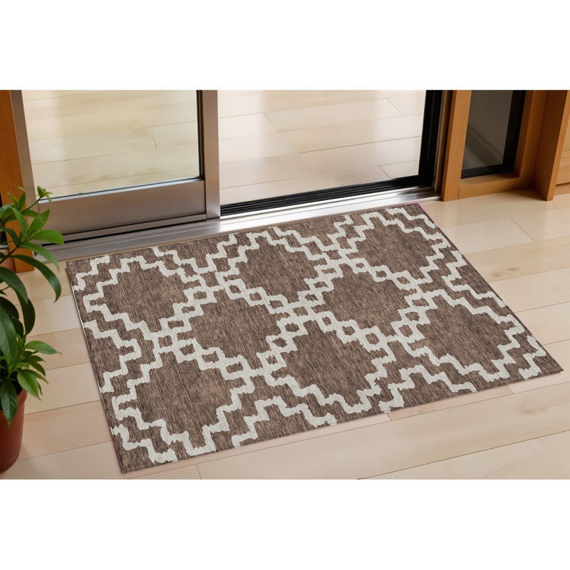 3' X 5' Brown And Ivory Geometric Washable Indoor Outdoor Area Rug