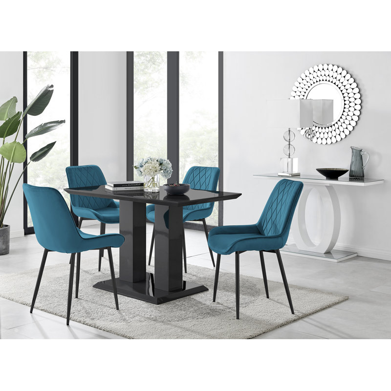 Eubanks High Gloss Double Pillar Dining Table Set with 4 Luxury Velvet Upholstered Dining Chairs, Blue/Black, Black, Black