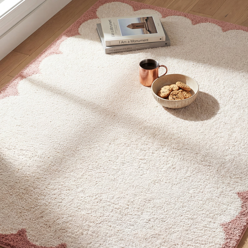 Fossay Shag-Washable Modern High Pile Living Bedroom Rug, Ivory/Rose, Rectangle 160 x 213 cm