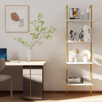 Étagère échelle industrielle à 4 niveaux - Bibliothèque murale en bois de marbre blanc avec structure en métal, grand rangement ouvert et présentoir pour le bureau à domicile ou la chambre à coucher