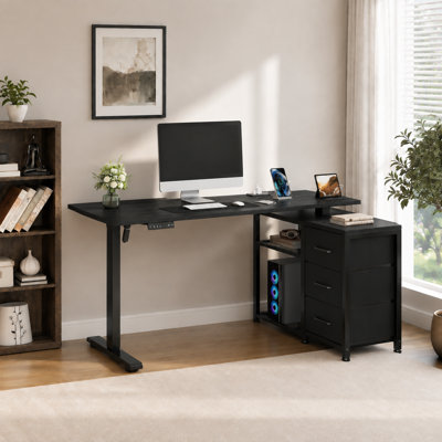 Aderyn 47.2" Height Adjustable L-Shaped Desk With Power Outlets & 3 Drawers, Standing Desk For Home Office